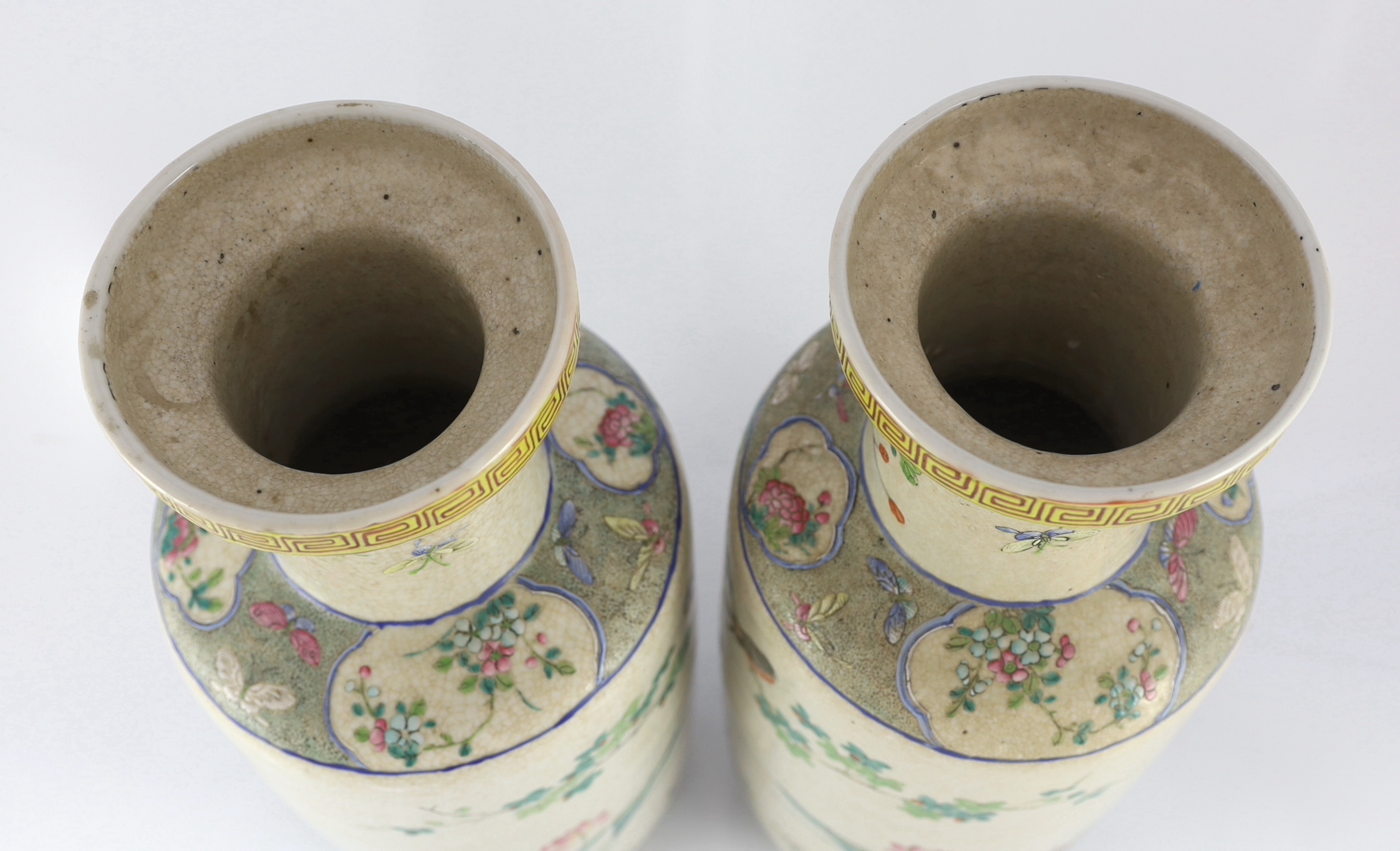 A pair of large Chinese crackle glaze famille rose ‘Hundred Bird’ rouleau vases, late 19th - Image 3 of 4