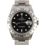 A gentleman's 2004 stainless steel Rolex Oyster Perpetual Date Explorer II wrist watch, on a