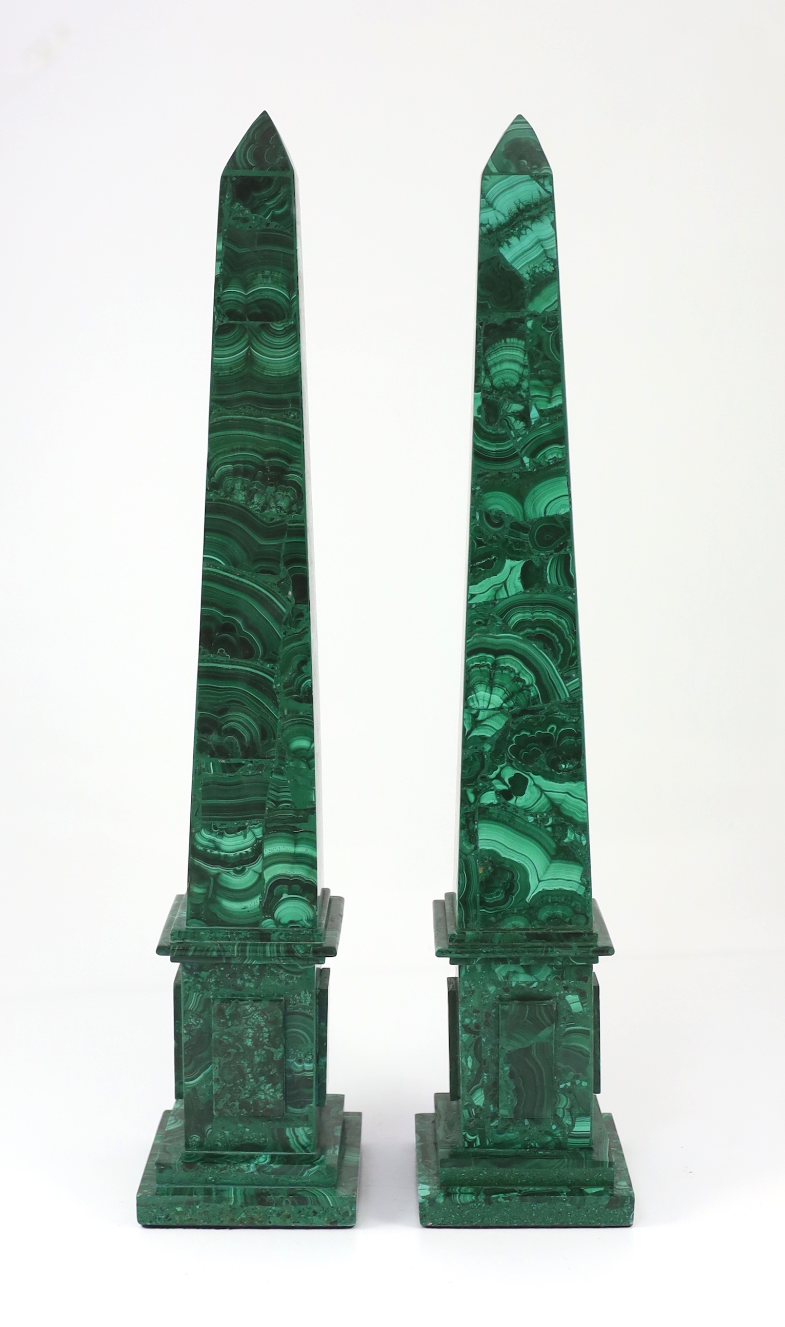 A pair of malachite veneered obelisks with stepped square bases, 12 x 12cm, 60cm high***CONDITION - Image 2 of 3