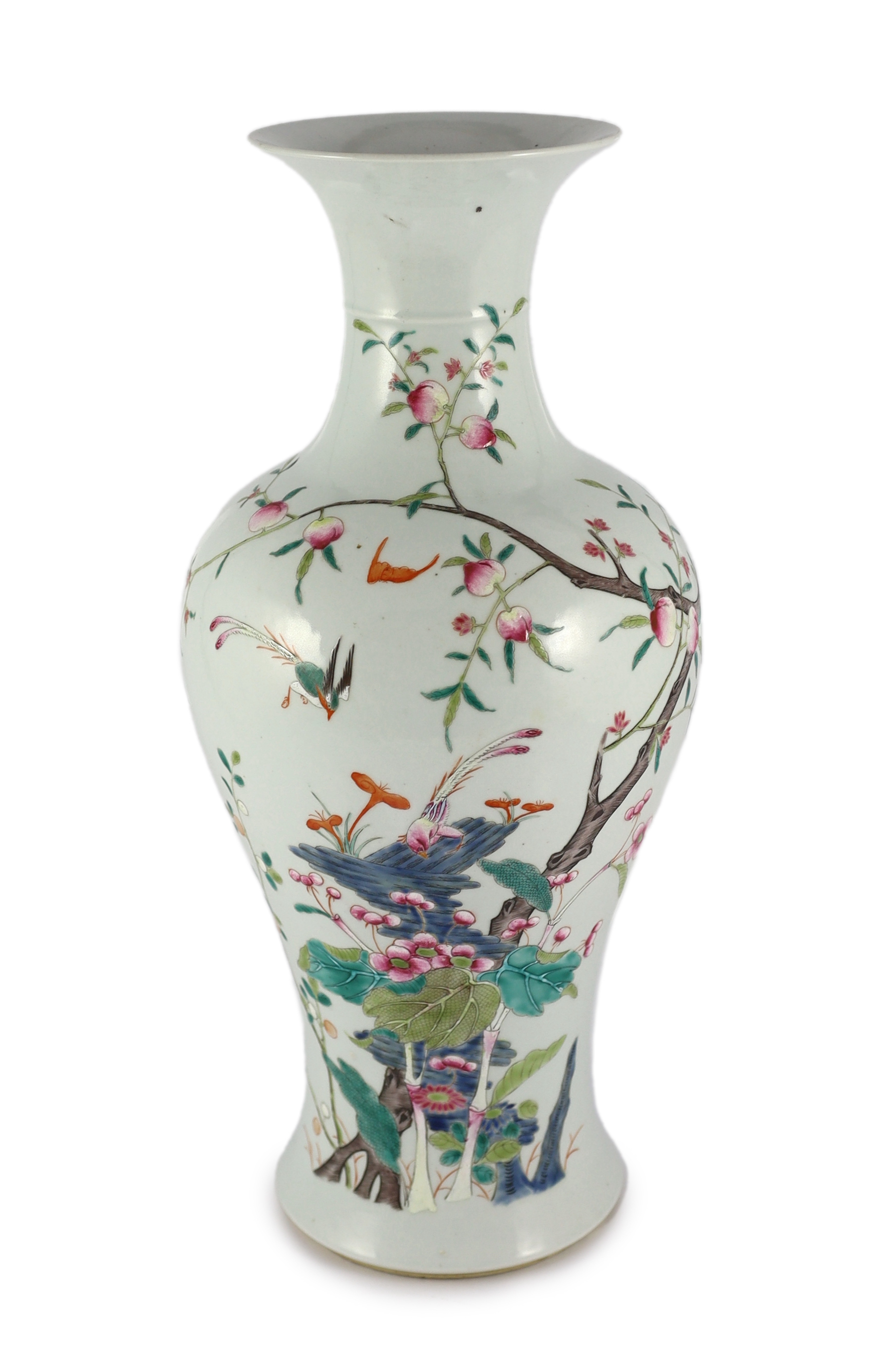 A tall Chinese famille rose vase, late 19th/early 20th century, painted with pheasants amid rock