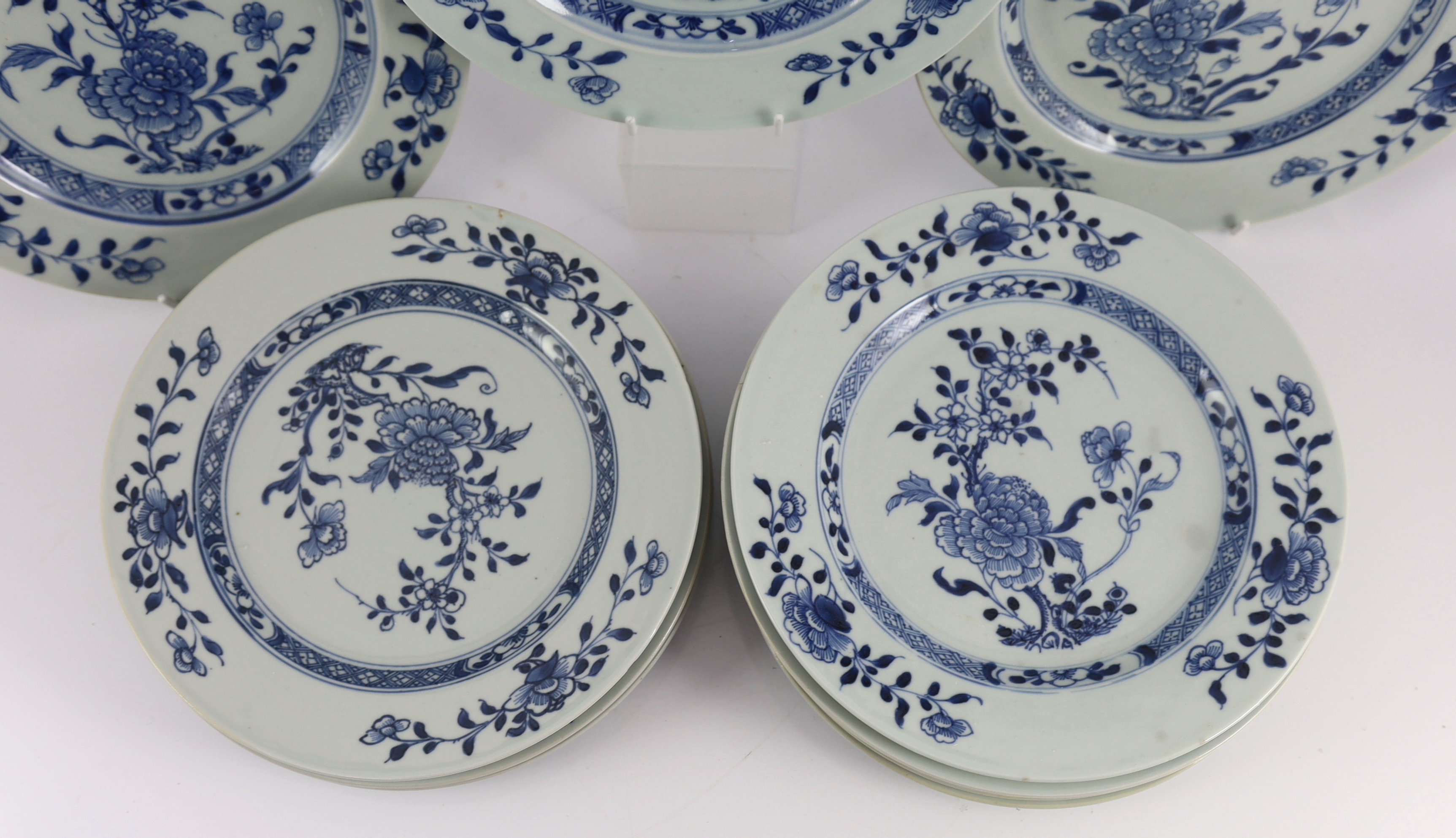 Twelve Chinese blue and white ‘Peony and Pomegranate’ plates, Nanking Cargo, c.1750, 23cm - Image 3 of 5