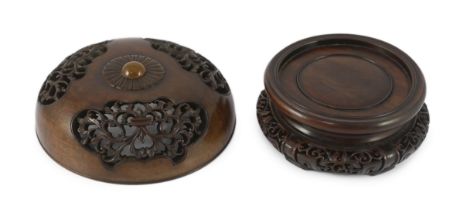 A Chinese hardwood censer cover and a similar stand, late 19th/early 20th century, the domed pierced