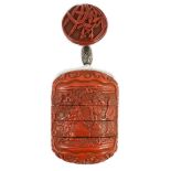 A good Japanese tsuishu (carved red lacquer) four case inro, by Yosei, and a similar manju