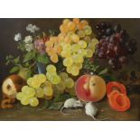 Theude Grönland (German, 1817-1876) Still life of sweet peas, fruit and two white miceoil on