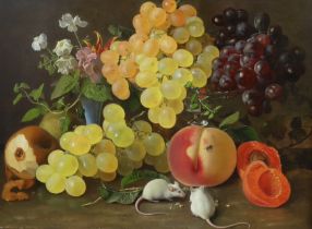 Theude Grönland (German, 1817-1876) Still life of sweet peas, fruit and two white miceoil on
