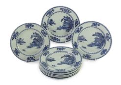 Ten Chinese blue and white ‘Boatman and Six flower border’ plates, Nanking Cargo, c.1750, 23cm
