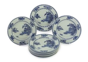 Ten Chinese blue and white ‘Boatman and Six flower border’ plates, Nanking Cargo, c.1750, 23cm