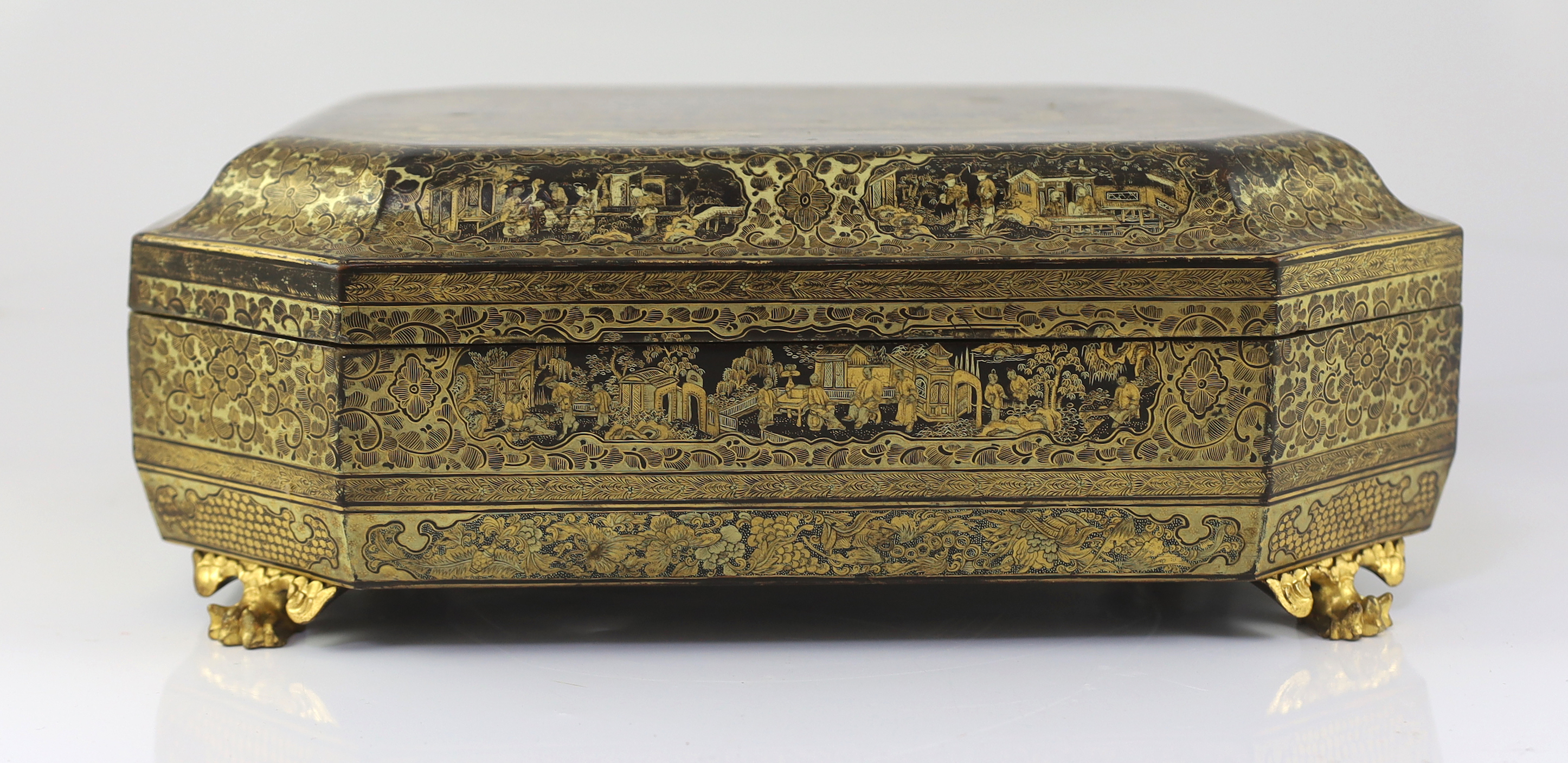 A Chinese Export gilt-decorated black lacquer games box, c.1830, decorated with figures amid - Image 3 of 7