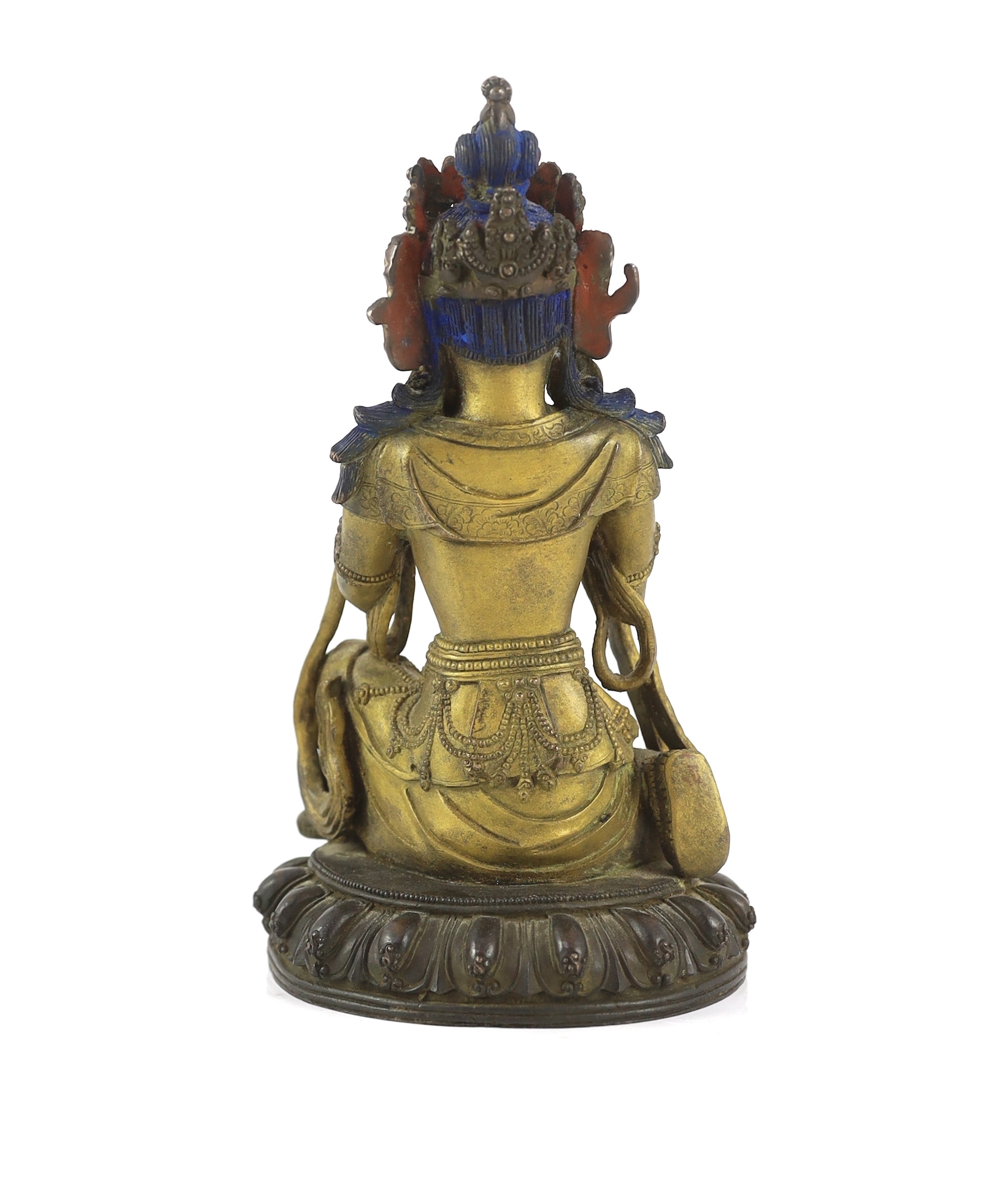 A Chinese gilt bronze figure of a kneeling Bodhisattva, with remnants of polychrome decoration, on a - Image 3 of 4
