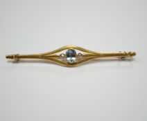 An early 20th century French yellow metal (18ct poincon mark), aquamarine and rose cut diamond set