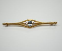 An early 20th century French yellow metal (18ct poincon mark), aquamarine and rose cut diamond set