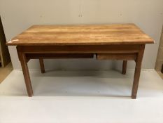 A 19th century French rectangular oak kitchen table, width 150cm, depth 82cm, height 77cm***
