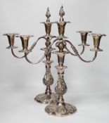 Two silver plated two branch three light candelabra, 49cm high***CONDITION REPORT***PLEASE NOTE:-