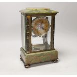 An early 20th century French green onyx and champleve enamel four glass mantel clock, 31cm***