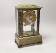 An early 20th century French green onyx and champleve enamel four glass mantel clock, 31cm***