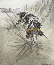 Henry Wilkinson (1921-2011), artists proof colour etching, Gun dog with game, pencil signed, 28cm