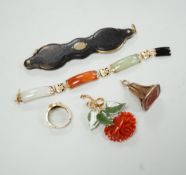 A 19th century yellow metal overlaid and carnelian set fob seal, 39mm, a 585 ring with bust, a