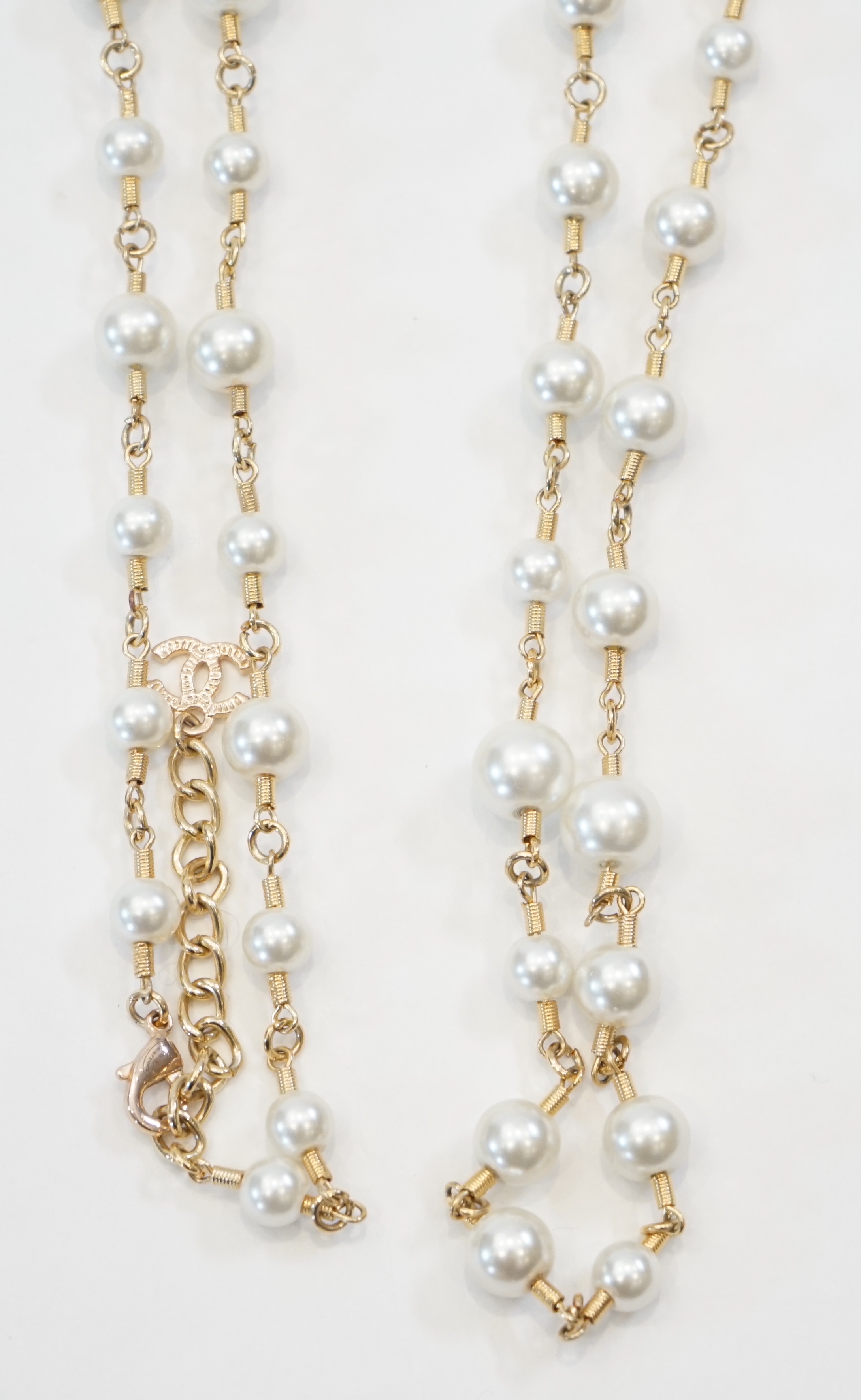 A Chanel gold plated 3 CC scatter pearl long necklace as seen in the film The Devil Wears Prada worn - Image 7 of 7