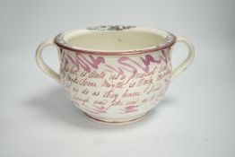 An early 19th century Sunderland or Tyneside pink lustre inscribed ’frog’ chamber pot, 14cm high***