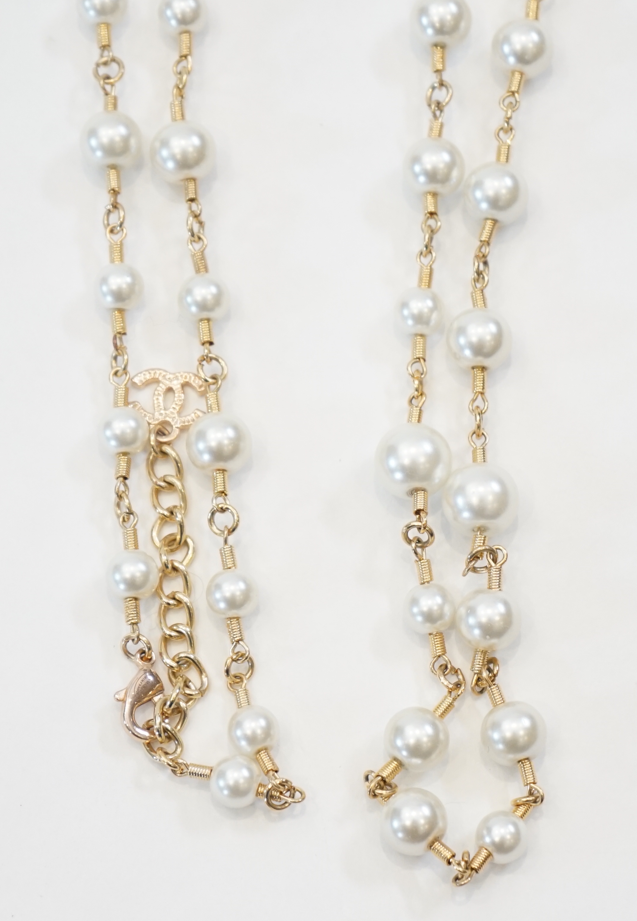 A Chanel gold plated 3 CC scatter pearl long necklace as seen in the film The Devil Wears Prada worn - Image 6 of 7
