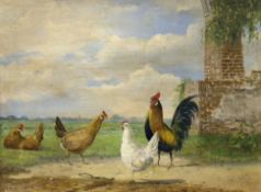 Dutch School, oil on board, Study of chickens before a landscape, indistinctly signed, dated 1851