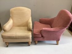 A pair modern French yellow silk covered armchairs with additional bespoke loose covers, width 70cm,