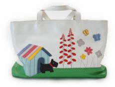 A Radley white 'Radley's Garden' leather grab bag 2004, with Scottie dog, kennel and flowers design.