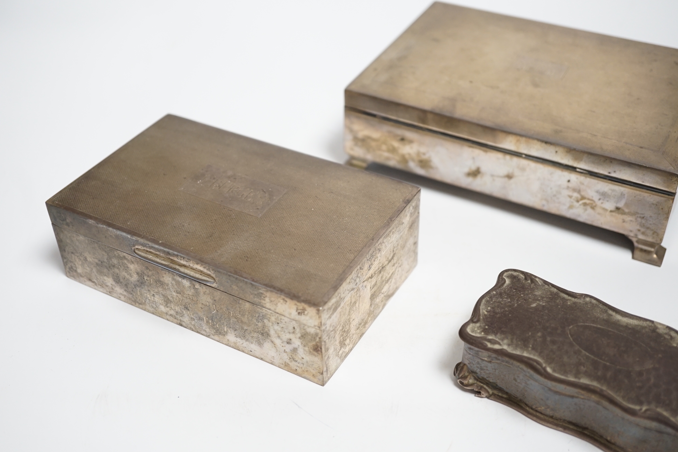 Two engine turned silver mounted cigarette boxes, the largest by Garrard & Co, London, 1955, 16. - Image 3 of 7