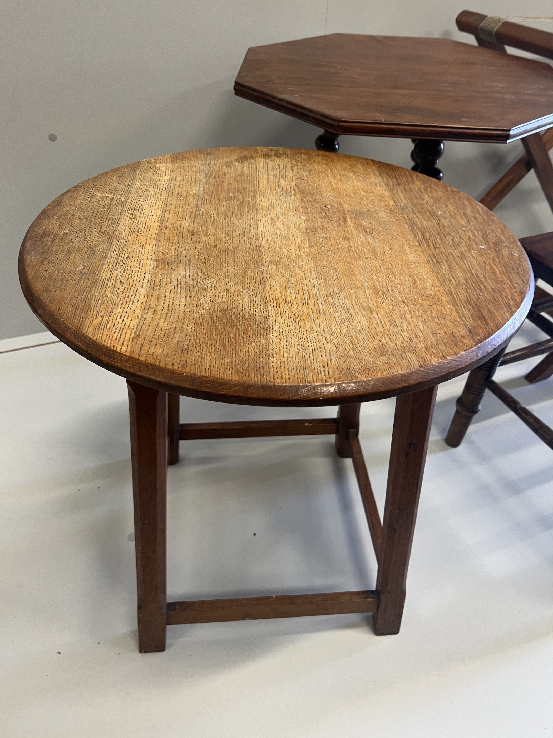 A late Victorian mahogany luggage rack, an octagonal occasional table, a circular oak table, - Image 3 of 6