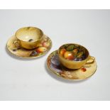 A pair of Royal Worcester fruit painted miniature cabinet cups and saucers, signed F. Harper and W.