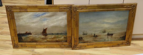 A. Sanderson, pair of oils on canvas, Moored fishing boats and Boats at sea, signed, 75 x 50cm***