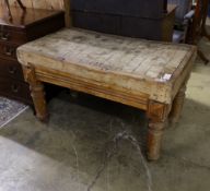 A Victorian rectangular pine and fruitwood butcher's block on stand, width 115cm, depth 65cm, height
