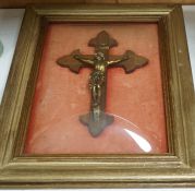 An oak and brass crucifix framed behind convex glass, overall 51cm x 37cm***CONDITION REPORT***