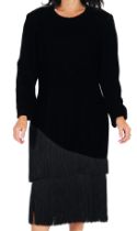 A vintage Lanvin black velvet dress with fringe, long sleeve sheath with a crew neckline semi fitted
