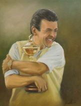 Russell, oil on canvas, Tony Jacklin embracing a trophy, 49 x 39cm***CONDITION REPORT***PLEASE