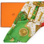 A Hermès silk Scarf "Selles a Housse" by Christiane Vauzelles, green/red/white/gold, with box,