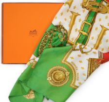 A Hermès silk Scarf "Selles a Housse" by Christiane Vauzelles, green/red/white/gold, with box,
