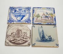 A group of Delft tiles including two polychrome examples and three decorated with ships, 18th/19th