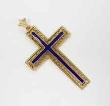 An 18k yellow metal and blue enamel set cross pendant, 6cm, gross weight 11.1 grams.***CONDITION