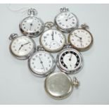 Eight assorted chrome or nickel cased pocket watches, including three Smiths, two Ingersoll, one