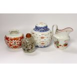 A late 18th century Newhall type jug, an early 20th century Chinese underglaze copper jar, a jar and