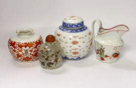 A late 18th century Newhall type jug, an early 20th century Chinese underglaze copper jar, a jar and
