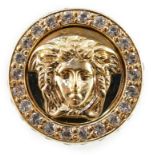 A Versace Medusa crystal Ring, gold colour metal with clear crystal decoration, in original case and
