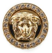 A Versace Medusa crystal Ring, gold colour metal with clear crystal decoration, in original case and