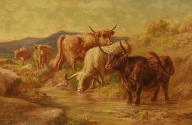 Henry Morley Park (fl. 1884-1895), oil on canvas, Highland Cattle watering, signed, stamp verso,