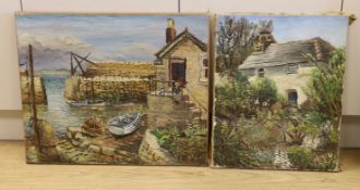 Modern British, two impasto oils on canvas, Cottage garden and Harbour scene with moored fishing
