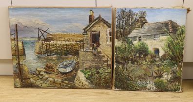 Modern British, two impasto oils on canvas, Cottage garden and Harbour scene with moored fishing