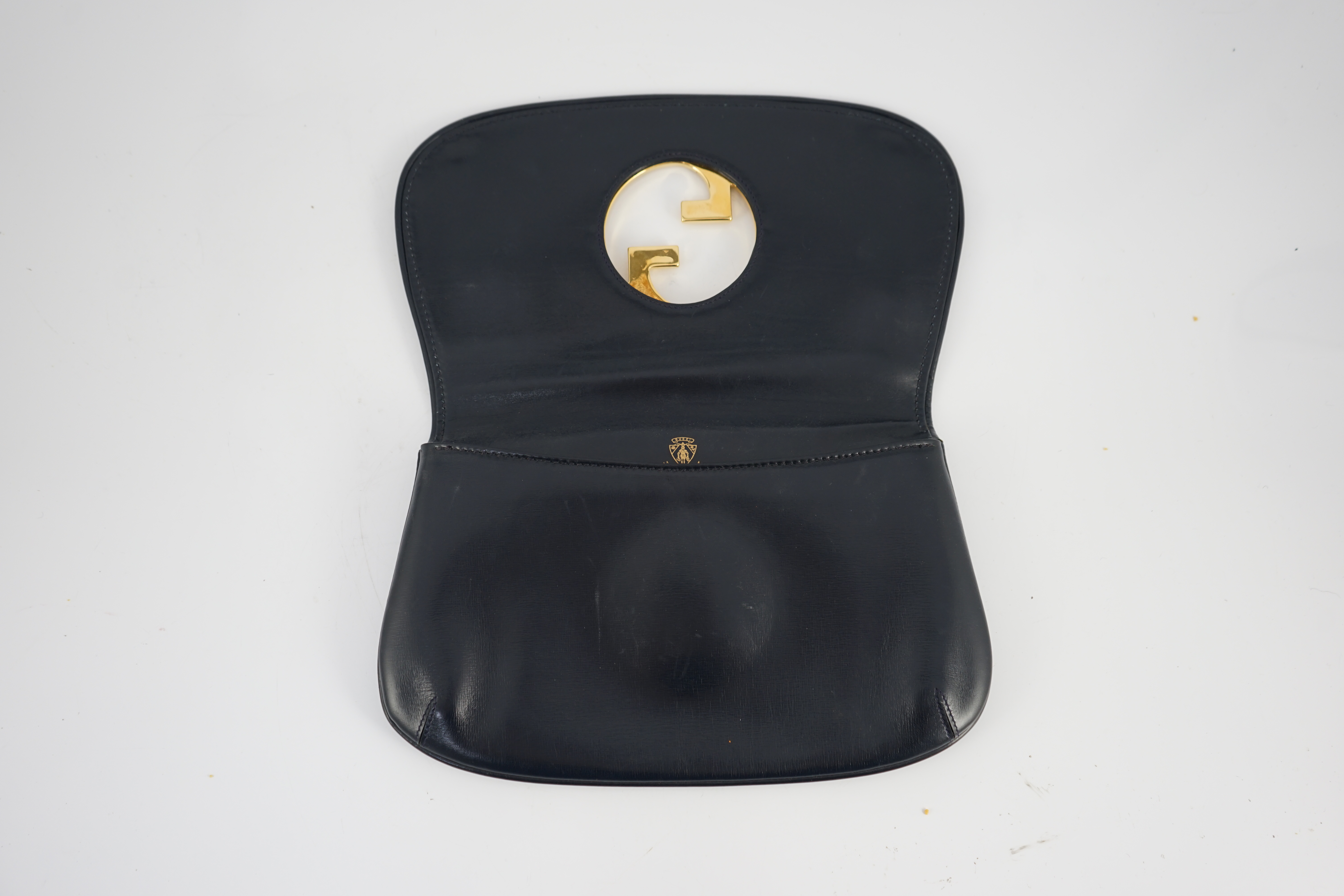 A vintage Gucci Blondie Unicorn navy leather clutch bag, Gold Gucci front logo, weighted closure, - Image 3 of 4