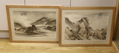 Wu Shixian (?-1916) Chinese, pair of ink and watercolours, Mountainous river landscapes, 48 x