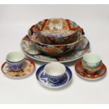 A group of Japanese Imari and kutani together with a Worcester blue and white saucer and a Chinese